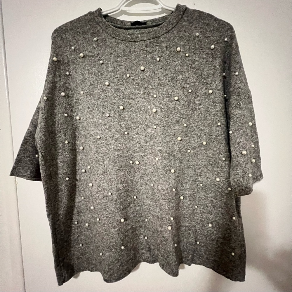 Zara Gray Boxy 3/4 Sleeve Embellished Hoodie